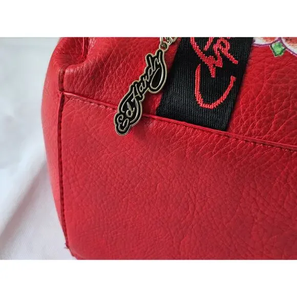 Ed Hardy Love Kills Slowly Large Weekender Duffle Travel Bag Red Faux Leather - Picture 11 of 12